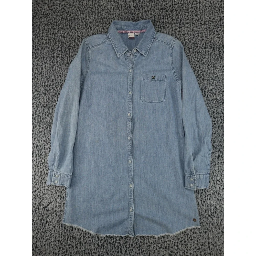 Roxy Shirt Dress Womens Medium Light‎ Blue Good Raw Hem Denim Long Sleeve